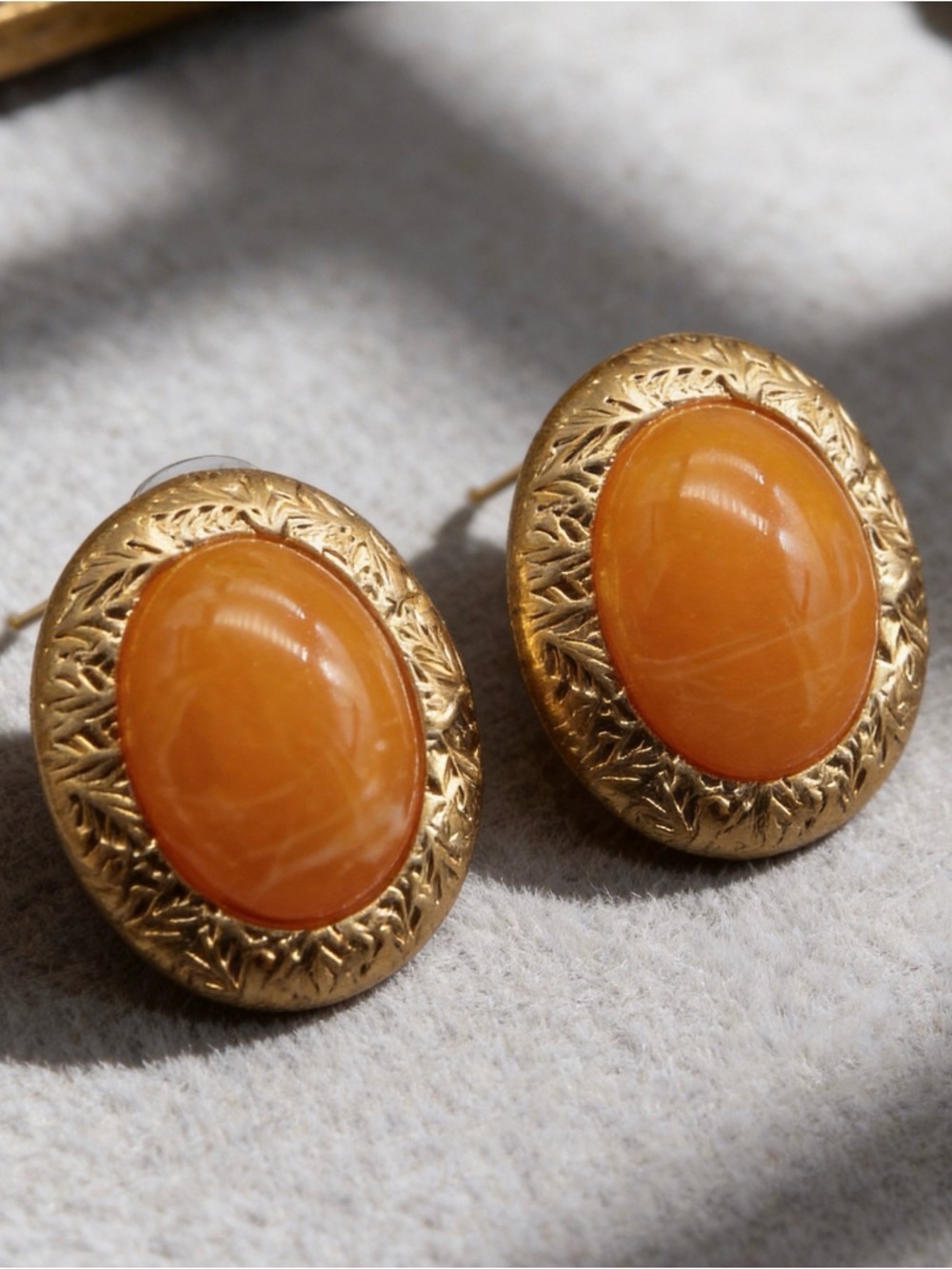 Gold Orange Oval Cabochon Earrings